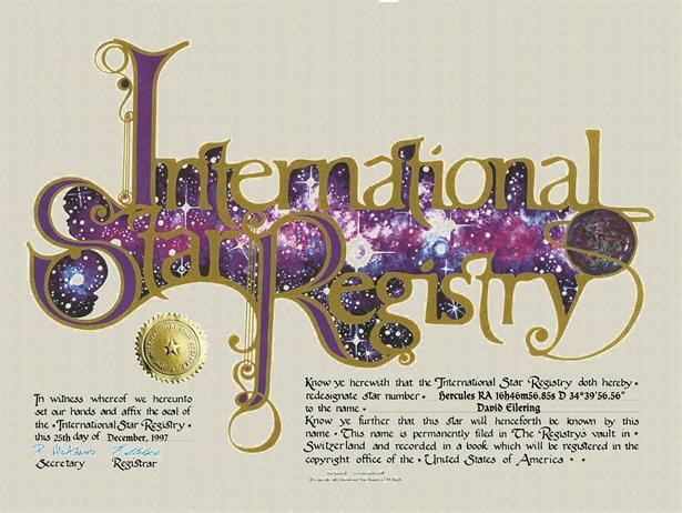 International Star Registry certificate